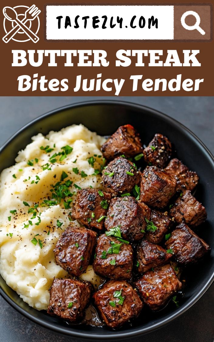 Garlic Butter Juicy Steak Bites Parmesan Cream Sauce and Cheesy Mash